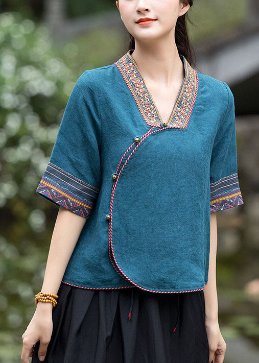 Art Peacock Blue Ethnic Style Embroideried Linen Top Half Sleeve
