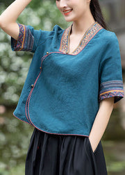 Art Peacock Blue Ethnic Style Embroideried Linen Top Half Sleeve