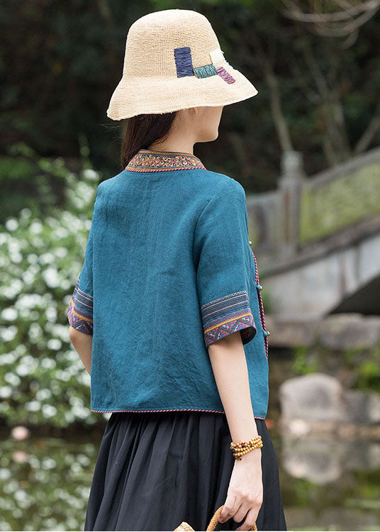 Art Peacock Blue Ethnic Style Embroideried Linen Top Half Sleeve