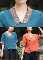 Art Peacock Blue Ethnic Style Embroideried Linen Top Half Sleeve