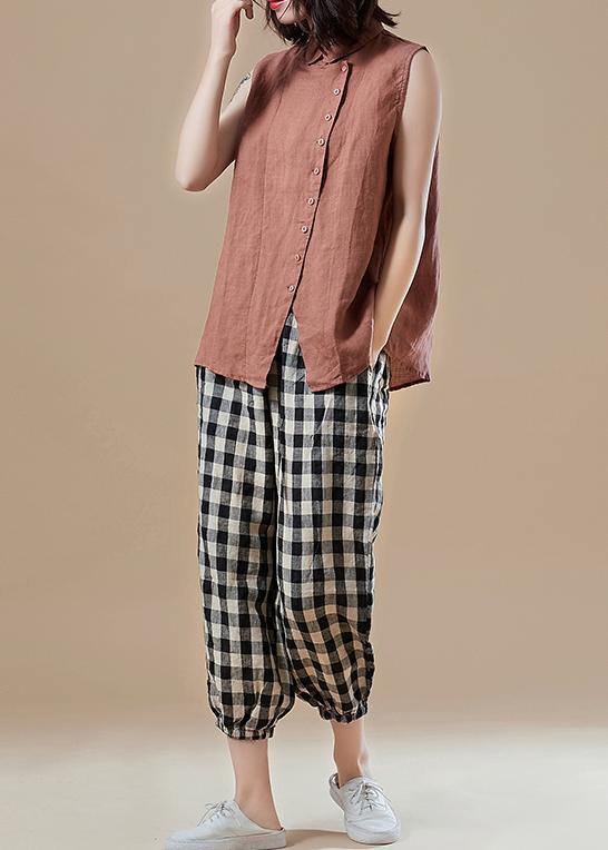 Art Peter pan Collar Sleeveless cotton tunic pattern plus size Sleeve brown Knee blouses Summer - SooLinen