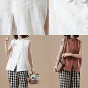 Art Peter pan Collar Sleeveless cotton tunic pattern plus size Sleeve brown Knee blouses Summer - SooLinen