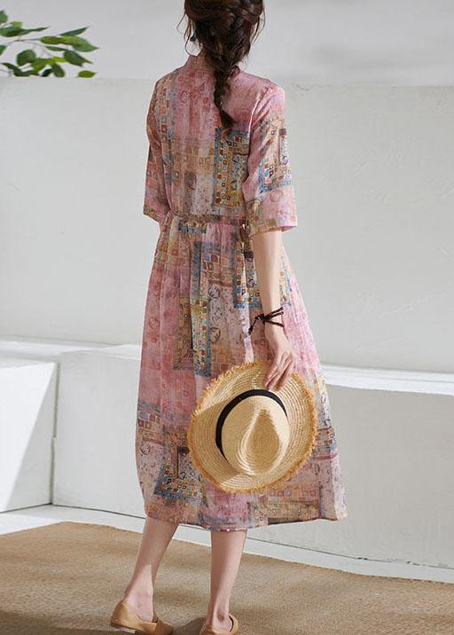 Art Pink Tie Waist Button Print Summer Ramie Vacation Dresses Half Sleeve - SooLinen