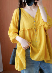Art Yellow V Neck Button Rüschen asymmetrisches Design Fall Half Sleeve Shirt Top