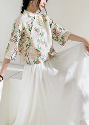 Art floral linen blouses for women half sleeve oversized stand collar shirts - SooLinen