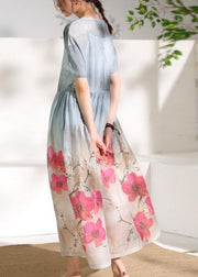 Art gray print linen dresses o neck patchwork Dresses - SooLinen