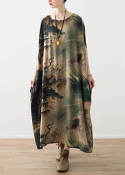Art green prints silk clothes Omychic Fashion Ideas o neck long summer Dresses - SooLinen