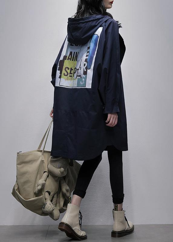Art hooded zippered Fashion crane coats blue Plus Size Clothing coats - SooLinen