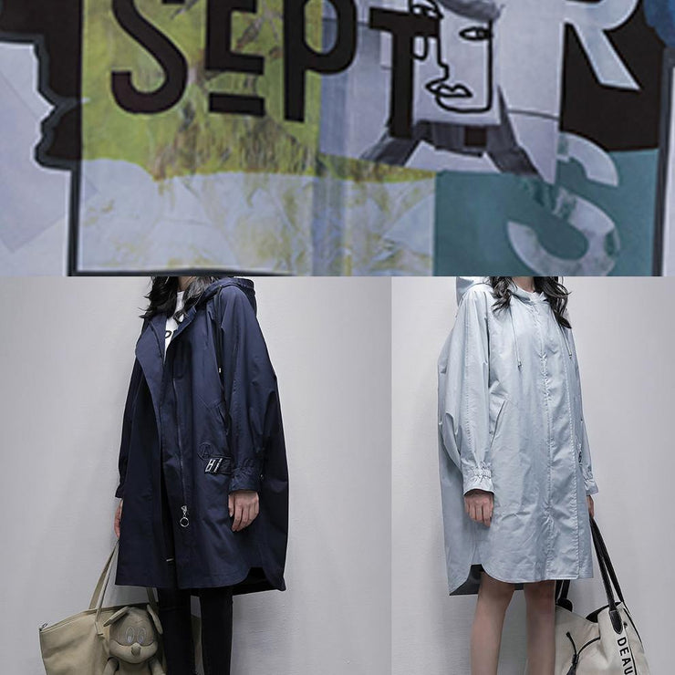 Art hooded zippered Fashion crane coats blue Plus Size Clothing coats - SooLinen