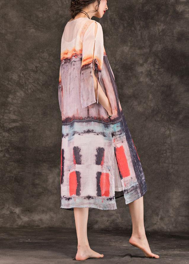 Art multicolor linen clothes For Women o neck side open shift summer Dress - SooLinen