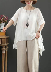 Art o neck half sleeve linen blouses for women white shirts - SooLinen