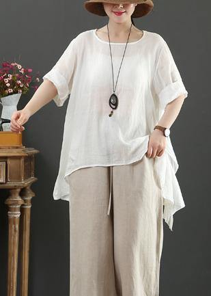 Art o neck half sleeve linen blouses for women white shirts - SooLinen
