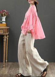 Art pink linen tops o neck Ruffles silhouette summer blouses - SooLinen