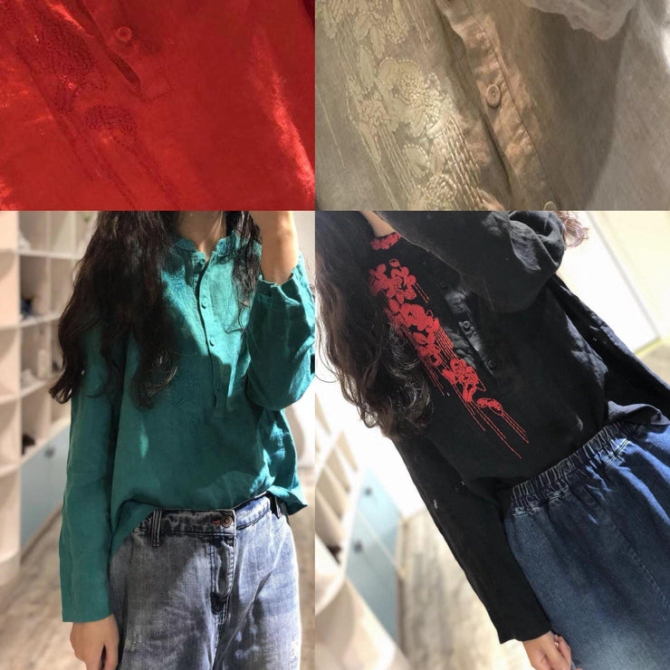 Art red embroidery linen clothes stand collar oversized fall tops - SooLinen