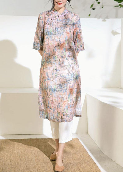 Art stand collar half sleeve linen clothes For Women Work pink print Dress - SooLinen