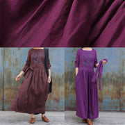 Art tie waist linen embroidery dresses Tunic Tops brown Dress - SooLinen