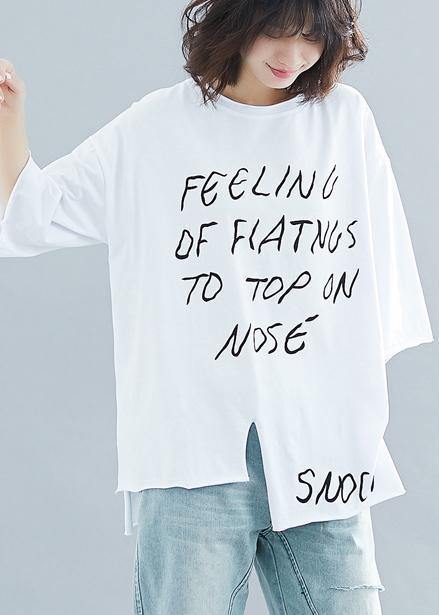 Art white Letter cotton box top o neck half sleeve cotton top - SooLinen