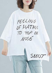 Art white Letter cotton box top o neck half sleeve cotton top - SooLinen