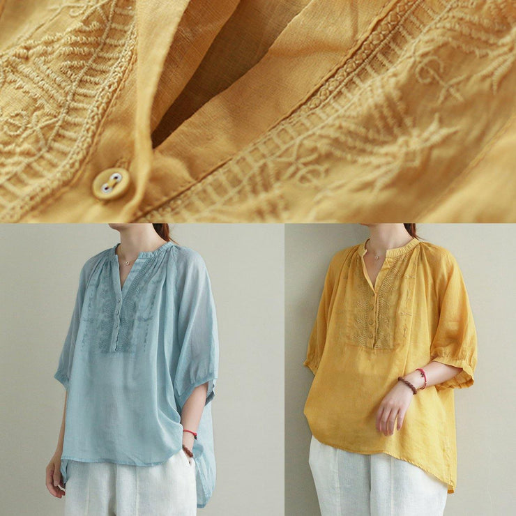 Art yellow embroidery linen tunic top v neck Button Down silhouette summer blouses - SooLinen