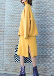 Autumn new temperament yellow high collar long-sleeved sweater suit skirt two-piece - SooLinen