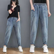 Herbst neue blaue Haremsjeans mit elastischer Taille und Schnürung