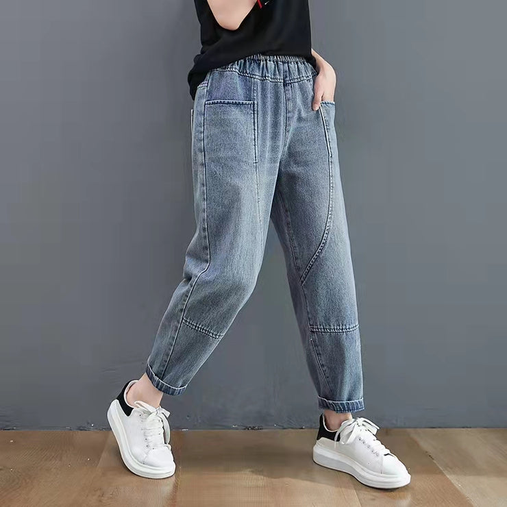 Herbst neue blaue Haremsjeans mit elastischer Taille und Schnürung