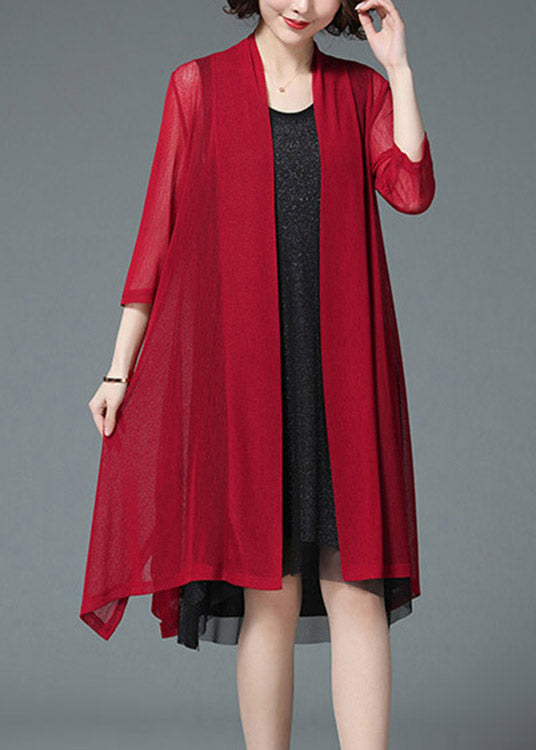 Baggy Plus Size Red UPF 50+ Knit Beach Cardigan Three Quarter sleeve
