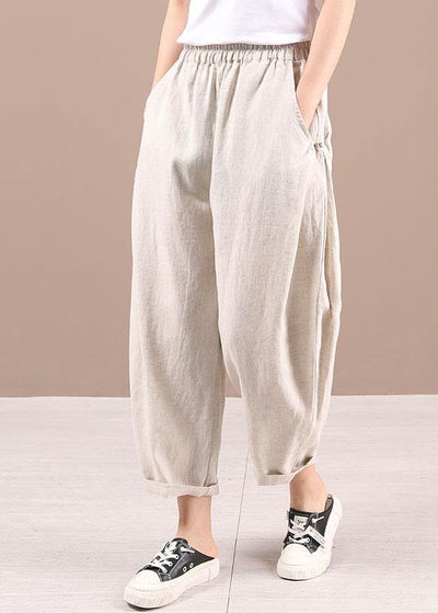 Beautiful Beige Elastic Waist Pockets Pants Trousers Linen - SooLinen
