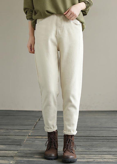 Beautiful Beige Trousers Women's Spring Elastic Waist Fabrics Pant - SooLinen