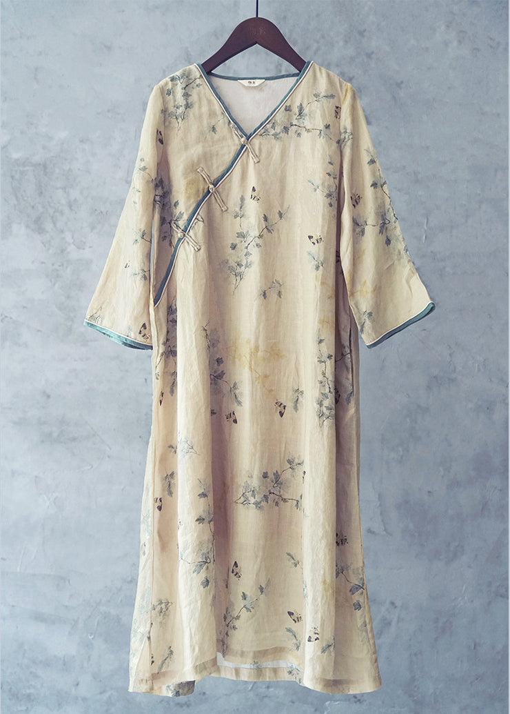 Beautiful Beige V Neck Print Patchwork Linen Long Dresses Long Sleeve