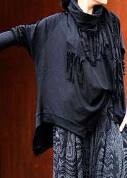 Beautiful Black O-Neck tasseled asymmetrical design Spring Tops Long sleeve