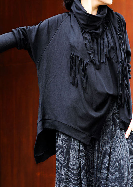 Beautiful Black O-Neck tasseled asymmetrical design Spring Tops Long sleeve