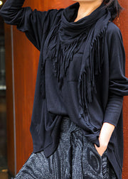 Beautiful Black O-Neck tasseled asymmetrical design Spring Tops Long sleeve
