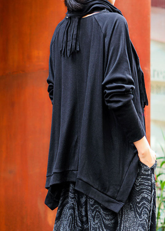 Beautiful Black O-Neck tasseled asymmetrical design Spring Tops Long sleeve
