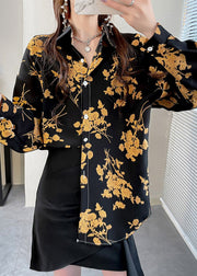 Beautiful Black Peter Pan Collar Button Print Chiffon Shirt Tops Spring
