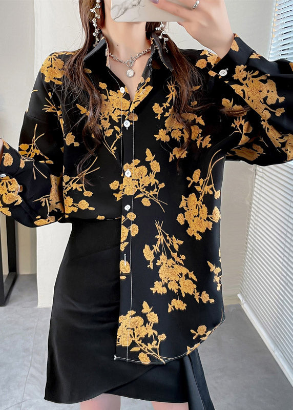 Beautiful Black Peter Pan Collar Button Print Chiffon Shirt Tops Spring