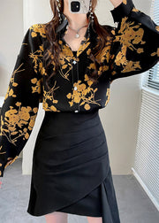 Beautiful Black Peter Pan Collar Button Print Chiffon Shirt Tops Spring
