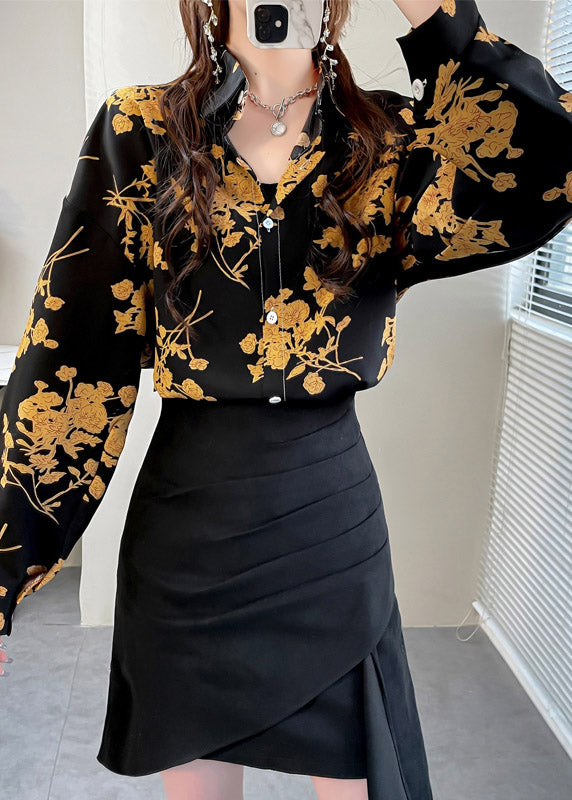 Beautiful Black Peter Pan Collar Button Print Chiffon Shirt Tops Spring