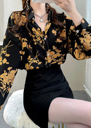 Beautiful Black Peter Pan Collar Button Print Chiffon Shirt Tops Spring