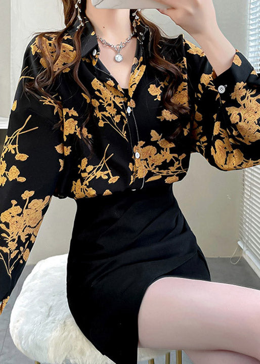 Beautiful Black Peter Pan Collar Button Print Chiffon Shirt Tops Spring