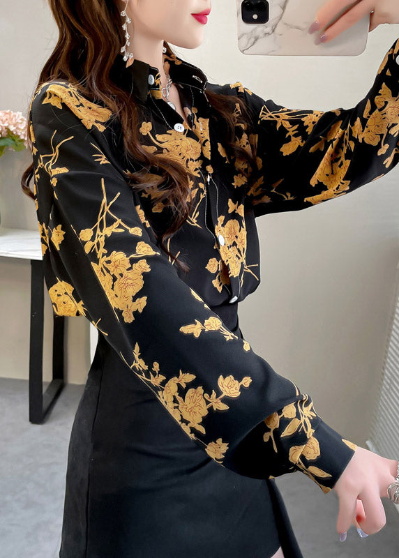 Beautiful Black Peter Pan Collar Button Print Chiffon Shirt Tops Spring