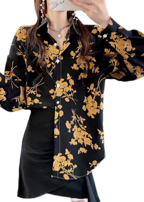 Beautiful Black Peter Pan Collar Button Print Chiffon Shirt Tops Spring