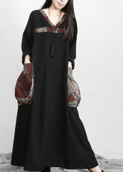 Beautiful Black V Neck Patchwork Print Pockets Dress Fall - SooLinen