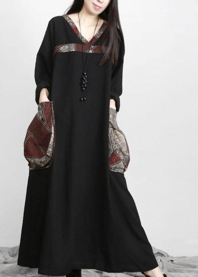 Beautiful Black V Neck Patchwork Print Pockets Dress Fall - SooLinen