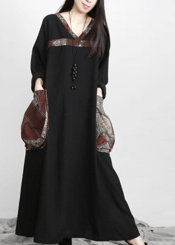 Beautiful Black V Neck Patchwork Print Pockets Dress Fall - SooLinen