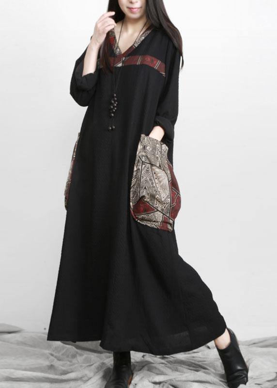 Beautiful Black V Neck Patchwork Print Pockets Dress Fall - SooLinen