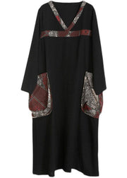 Beautiful Black V Neck Patchwork Print Pockets Dress Fall - SooLinen