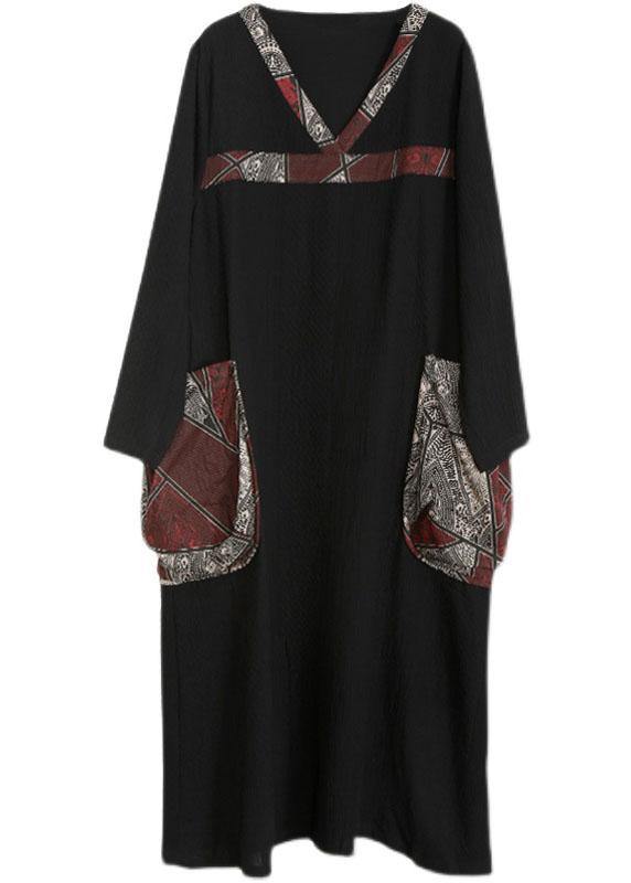 Beautiful Black V Neck Patchwork Print Pockets Dress Fall - SooLinen