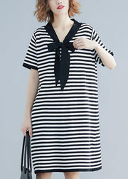 Beautiful Black White Narrow Striped Short Sleeve Summer Cotton Dress - SooLinen