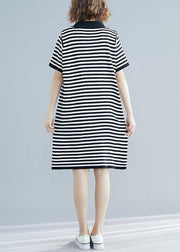 Beautiful Black White Narrow Striped Short Sleeve Summer Cotton Dress - SooLinen